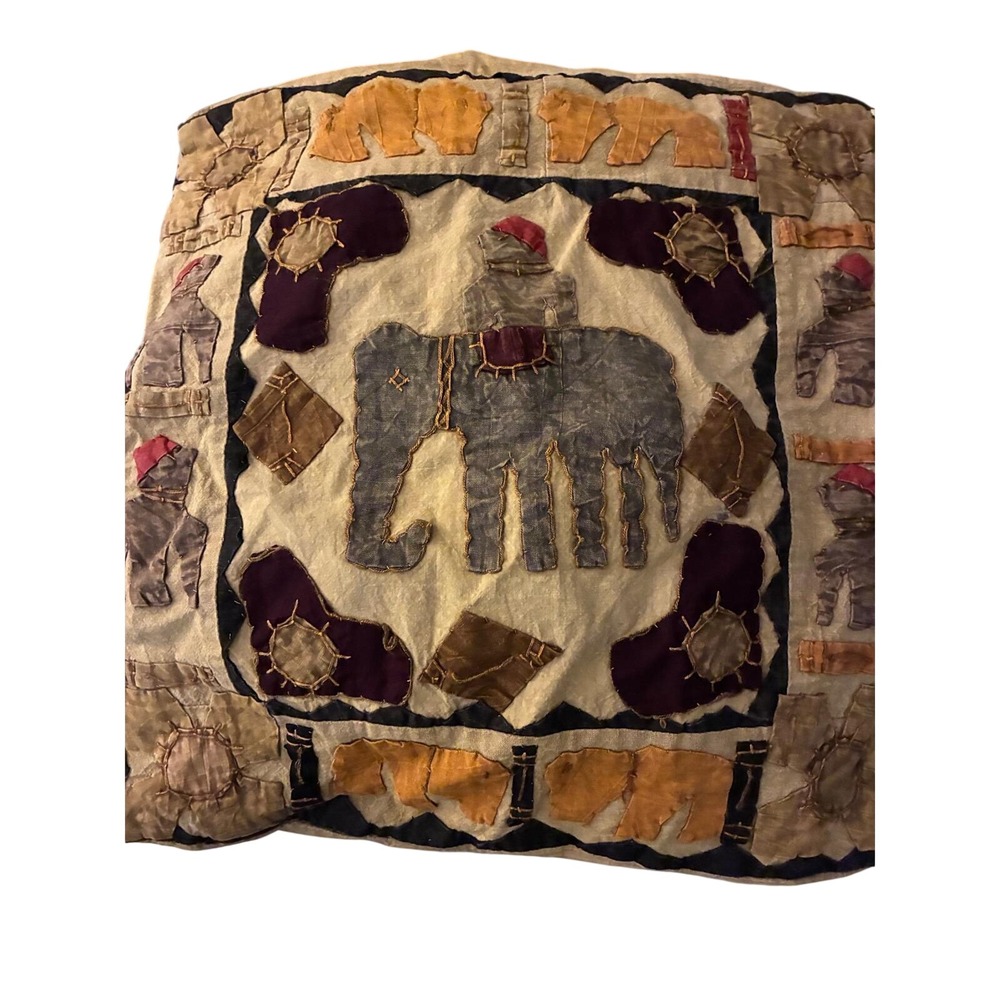 Indie Pillow Cover 16x16 Multi Color Elephant Patchwork Folk Art Decor